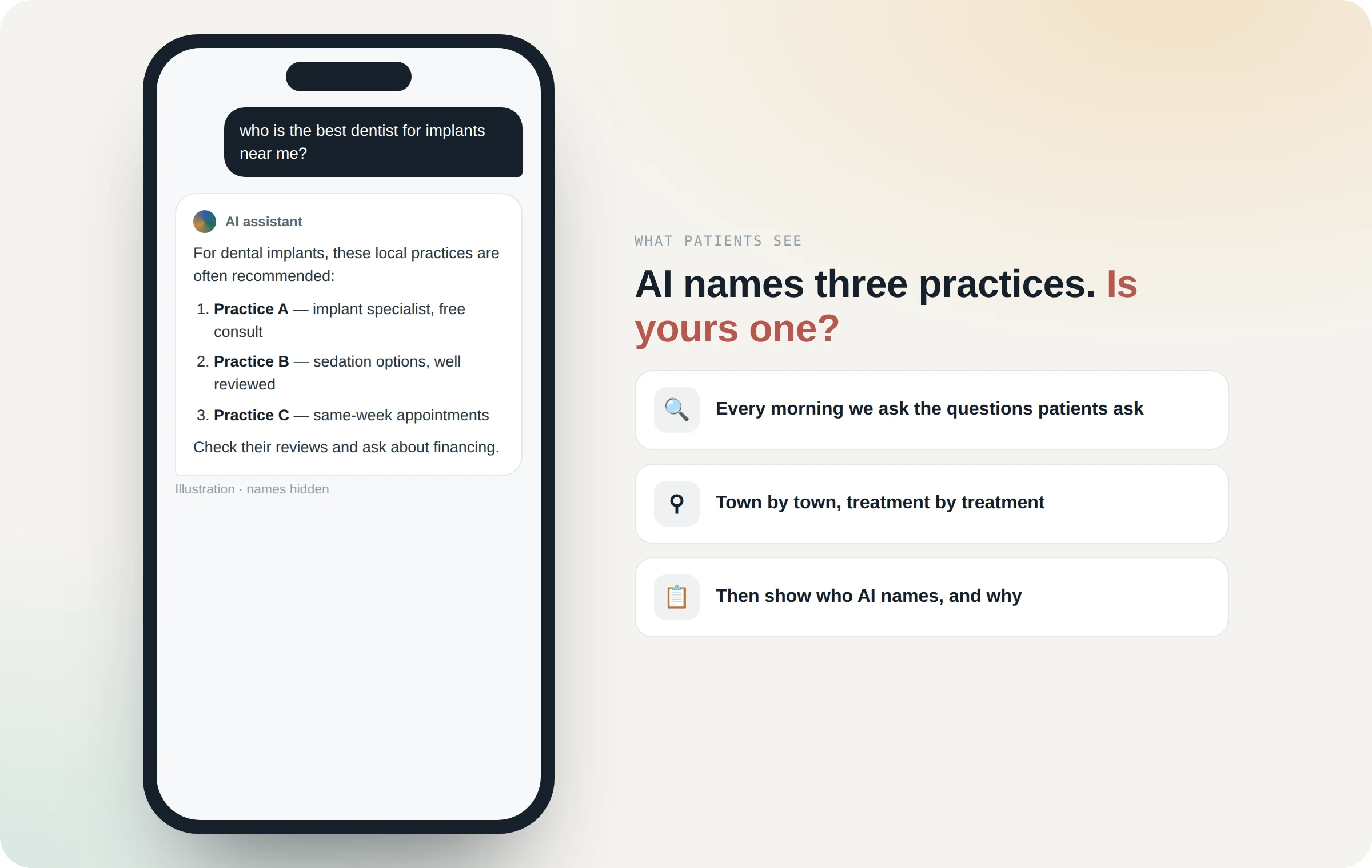 A patient asks an AI assistant for the best dentist for implants nearby; it names three practices.