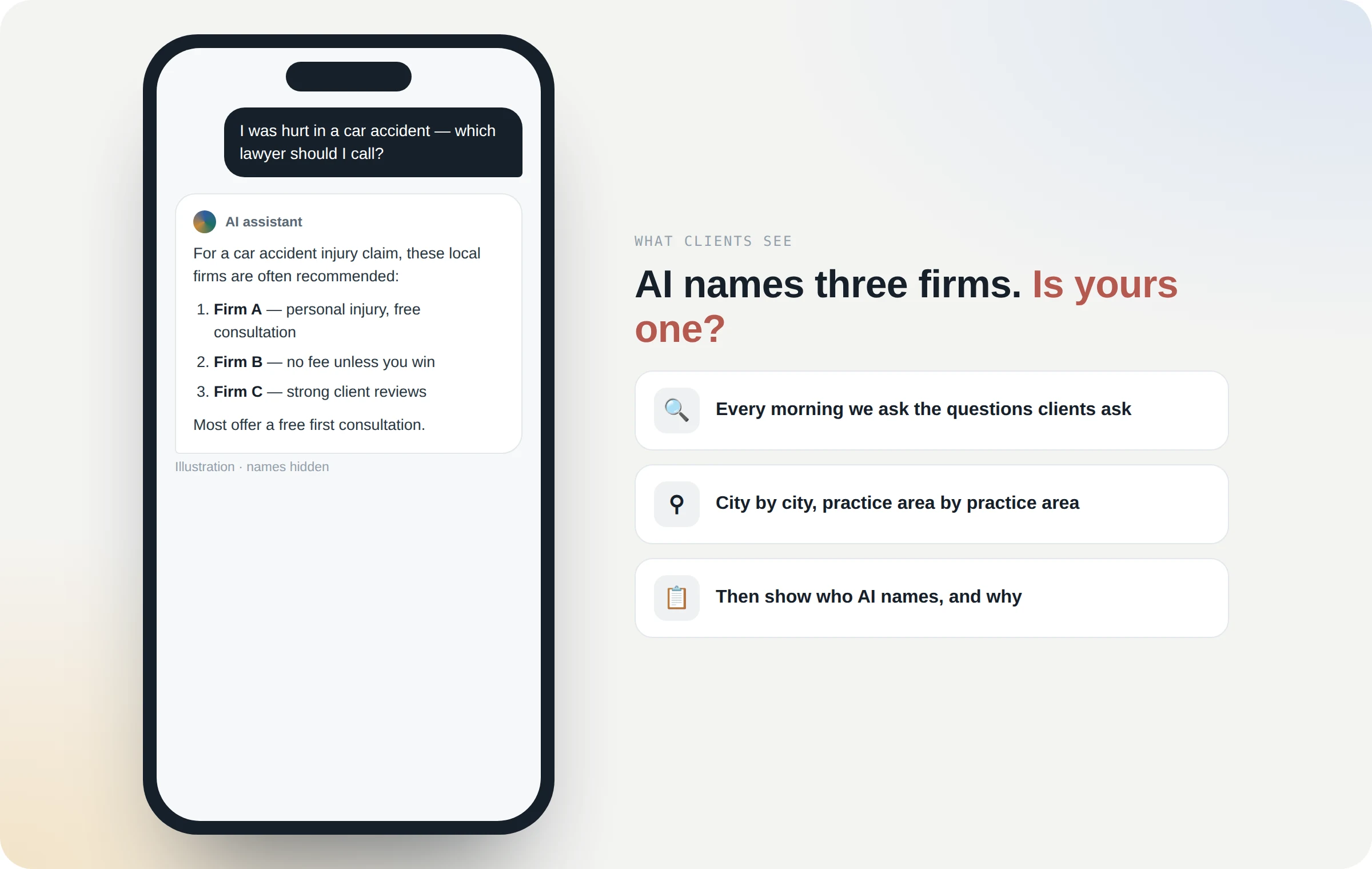 Someone asks an AI assistant which lawyer to call after a car accident; it names three firms.